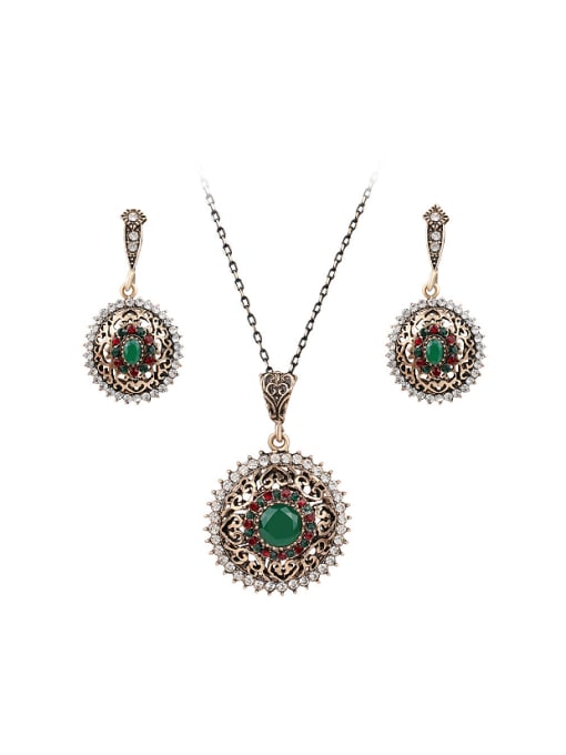 Gujin Ethnic style Green Resin stones White Rhinestones Alloy Two Pieces Jewelry Set 0