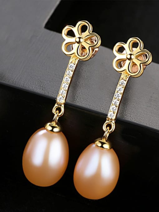 Pink Sterling Silver 8-9mm natural pearl exquisite plum flower Earrings