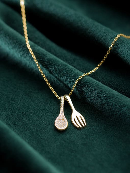 Rosh 925 Sterling Silver With Cubic Zirconia Personality ISpoon Fork Necklaces