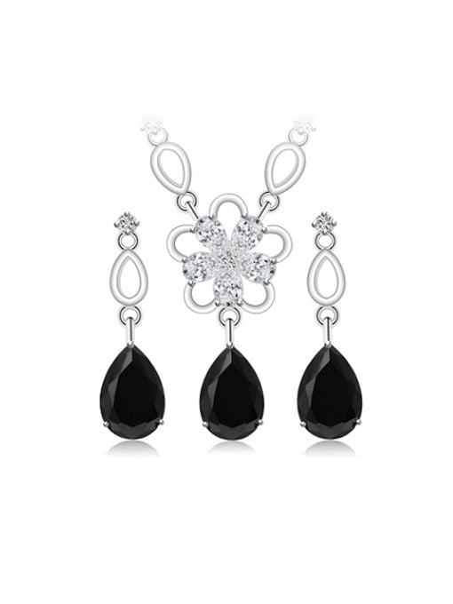 black Copper Alloy White Gold Plated Fashion Water Drop and Flower-shaped Two Pieces Zircon Jewelry Set