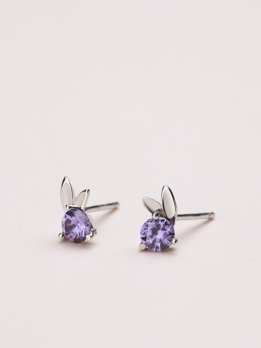 One Silver Cute Purple Zircon Rabbit Shaped Earrings 2