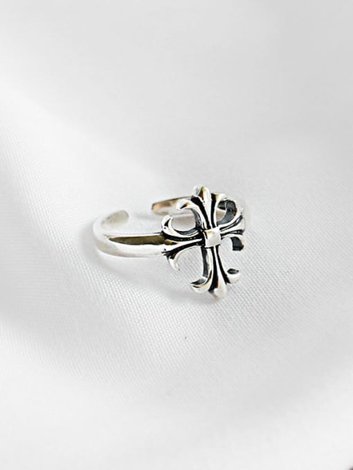 DAKA 925 Sterling Silver With Antique Silver Plated Personality Cross Free Size Rings 0