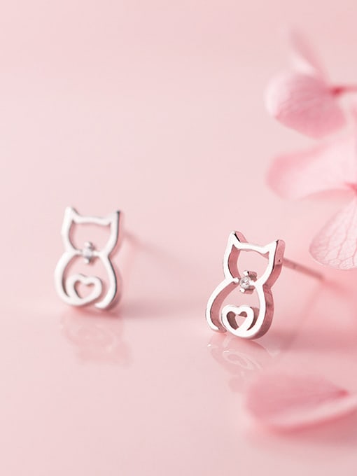 Rosh 925 Sterling Silver With Silver Plated Hollow Cute Cat Stud Earrings 3
