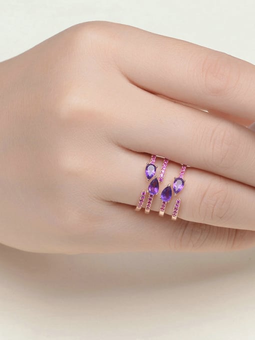 ZK Natural Amethyst Micro Pave Setting Silver Opening Ring 1
