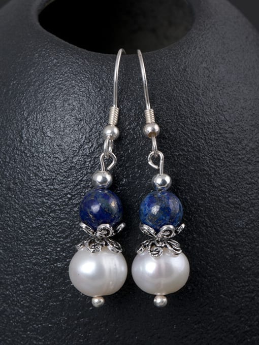 SILVER MI Retro style Freshwater Pearl Blue Stone Bead 925 Silver Earrings 2