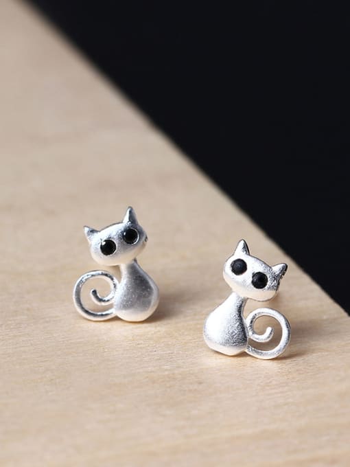 SILVER MI S925 Silver Cute Kitty Stud Earrings 0