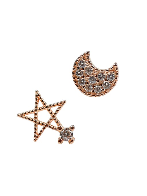 Rose Gold Asymmetrical Little Moon Star Cubic Rhinestones Silver Stud Earrings