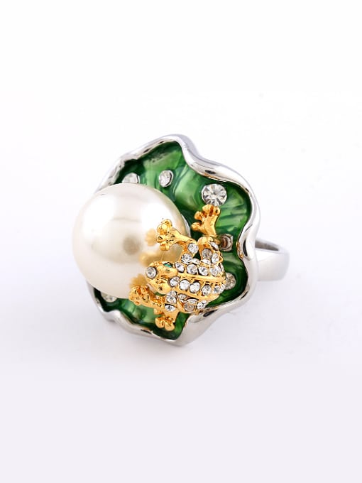 Wei Jia Fashion Artificial Pearl Gold Plated Frog Lotus Leaf Alloy Ring 0