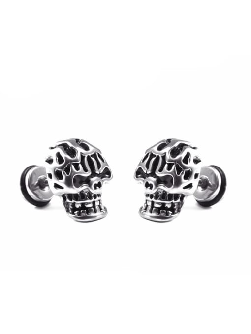 Steel color Stainless Steel With Antique Silver Plated Personality Skull Stud Earrings