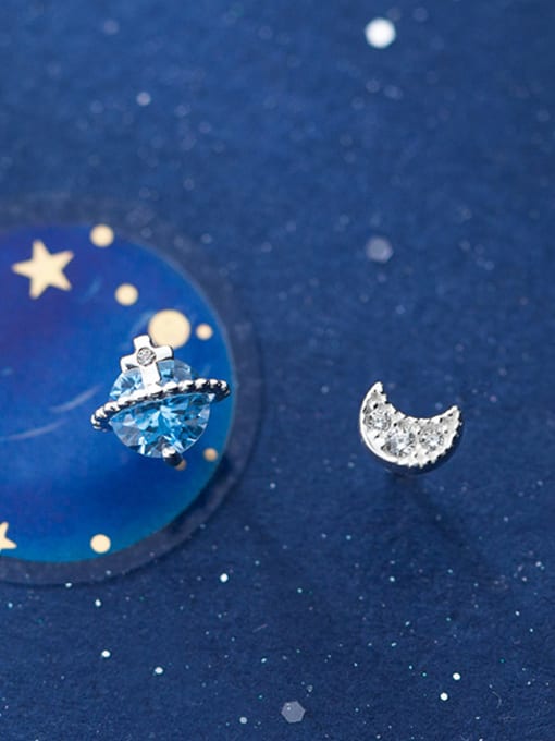 Rosh 925 Sterling Silver With Personality Asymmetric Universe Moon Stud Earrings 2