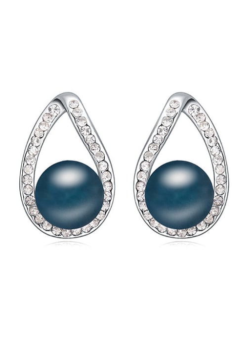 Deep Blue Simple Water Drop Imitation Pearl Shiny Crystal-covered Stud Earrings