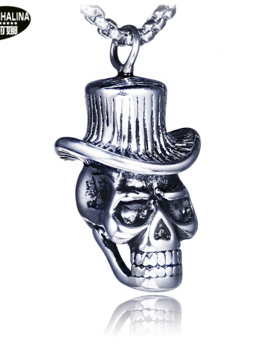 Skulls in Hats (without Chains) Stainless Steel With Antique Silver Plated Trendy Skull Necklaces