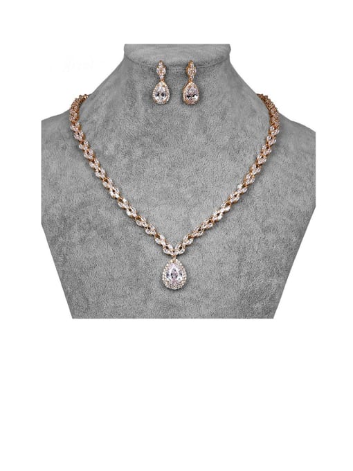 Champagne gold Copper With Cubic Zirconia Delicate Water Drop Earrings And Necklaces 2 Piece Jewelry Set