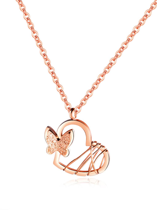 Open Sky Stainless Steel With Rose Gold Plated Fashion Frosted little butterfly Heart Necklaces 0