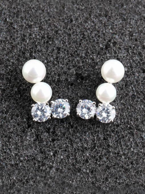 Qing Xing 925 Sterling Silver Ear Needles Zircon Pearl stud Earring 1