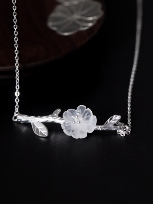 SILVER MI Retro style Natural Crystal Flower Leaves Pendant 925 Silver Necklace