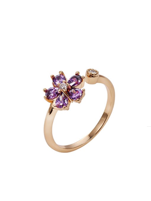 Purple Copper Alloy 18K Gold Plated Fashion Flower Zircon Opening Ring