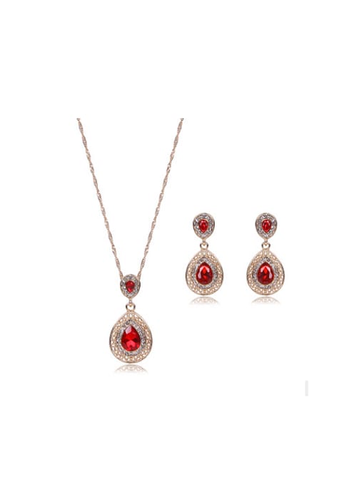red Alloy Imitation-gold Plated Fashion Water Drop shaped Stones Two Pieces Jewelry Set