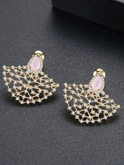Pink+18k gold Copper inlaid cubic zirconia fan-shaped exaggerated earrings