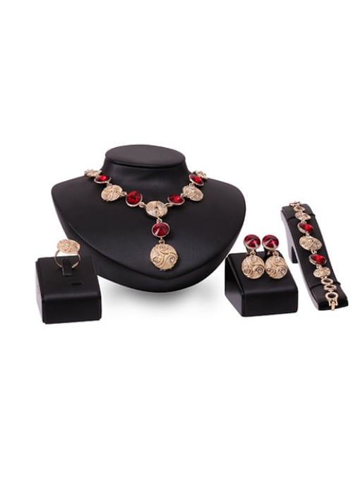 Red Alloy Imitation-gold Plated Fashion Artificial Stones Round shaped Four Pieces Jewelry Set