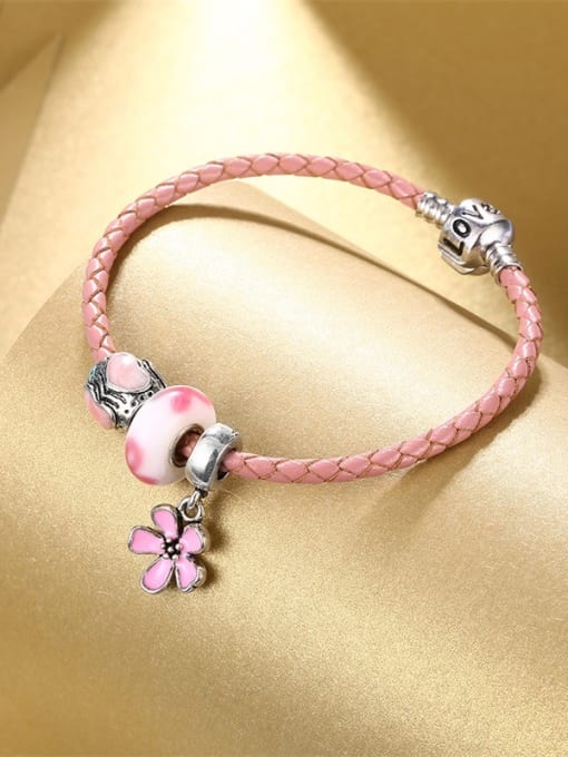 Pink Pink Flower Shaped Artificial Leather Enamel Bracelet