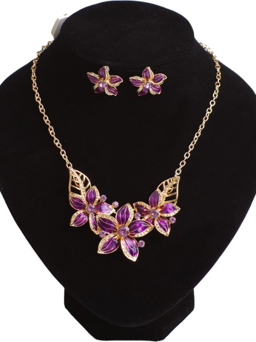 Purple Fashion Elegant Enamel Flowers Cubic Rhinestones Alloy Two Piece Jewelry Set