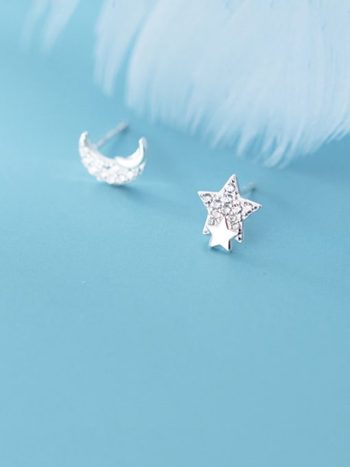 Rosh 925 Sterling Silver With Platinum Plated Simplistic Stars moon asymmetry Stud Earrings