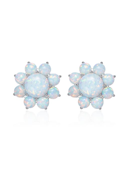 White Fashion Little Opal stones Flowery 925 Silver Stud Earrings