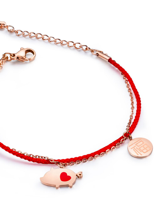 012 Stainless Steel With Rose Gold Plated Cute Pig Red rope Bracelets