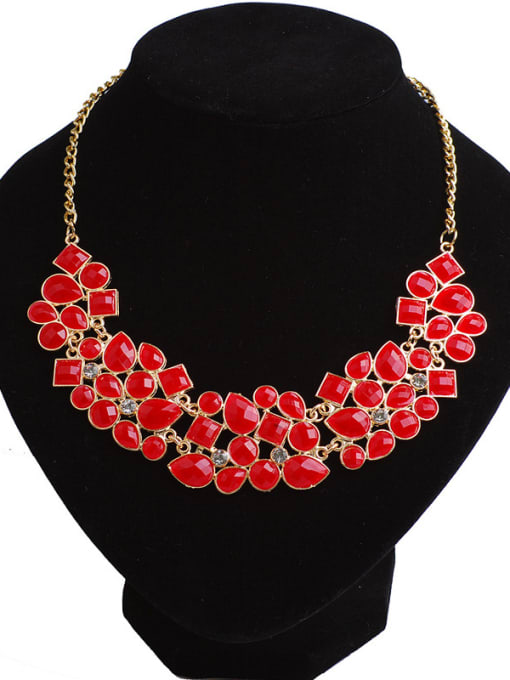 Red Exaggerated Geometrical Stones Gold Plated Alloy Necklace