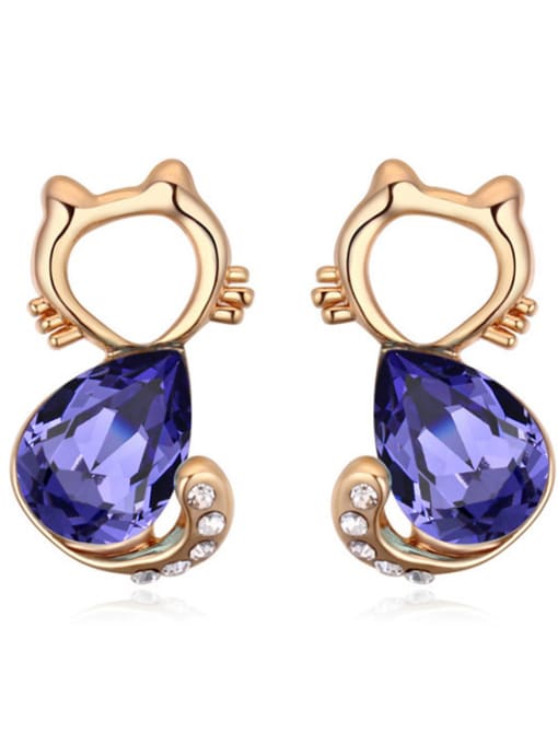 purple Fashion Cartoon Kitten Water Drop austrian Crystal Alloy Stud Earrings