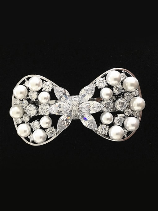 Wei Jia Fashion Elegant Hollow Bowknot Imitation Pearls Zirconias Copper Hairpin 3