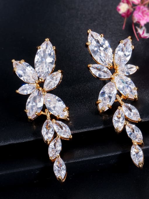 Gold Copper With Cubic Zirconia Luxury Water Drop Wedding Cluster Earrings