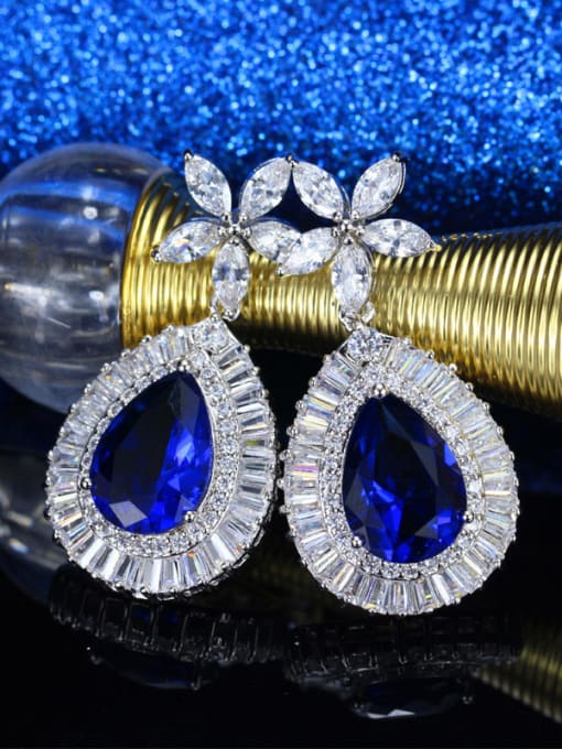 Blue Platinum Plated AAA Zircons Drop Cluster earring