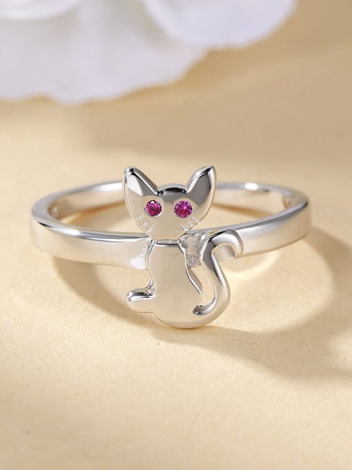 One Silver 925 Silver Lovely Cat Zircon Ring 0