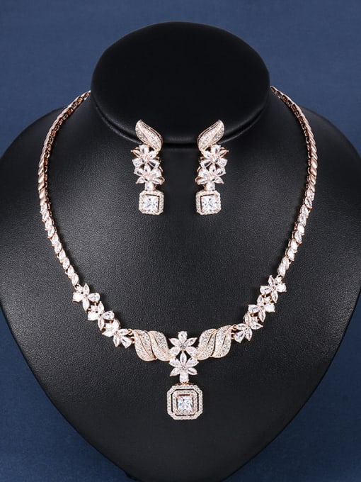 rose Copper With Cubic Zirconia  Luxury Geometric Earrings And Necklaces 2 Piece Jewelry Set