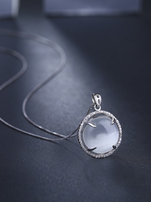 One Silver Simple Round Opal stone Tiny Zirconias 925 Silver Pendant