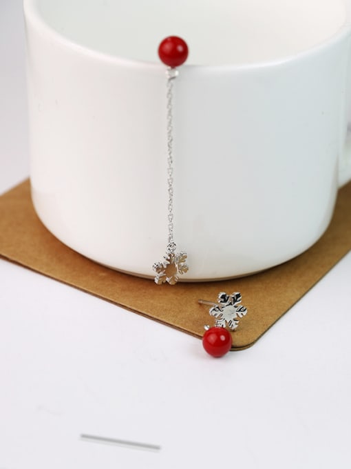 Peng Yuan Fashion Asymmetrical Little Snowflake Red Beads 925 Silver Drop Earrings 2