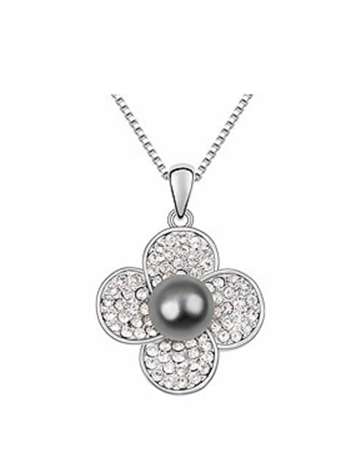 deep grey Simple Tiny White Crystals-covered Flower Imitation Pearl Alloy Necklace
