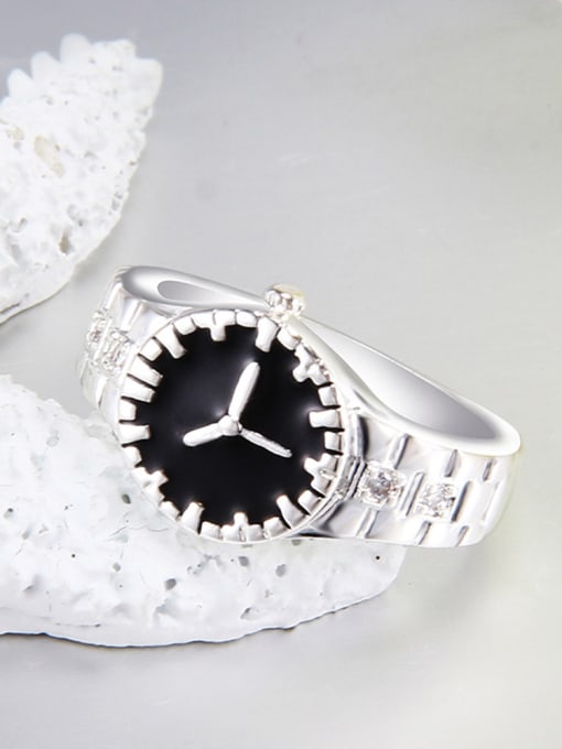 Silvery Exquisite Silver Plated Watch Shaped Copper Enamel Ring