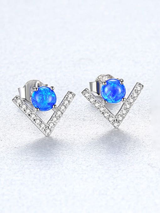 Blue 925 Sterling Silver With Opal  Cute Triangle Stud Earrings