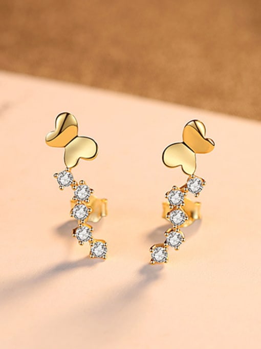 gold-16C01 925 Sterling Silver With Cubic Zirconia Simplistic Butterfly Stud Earrings