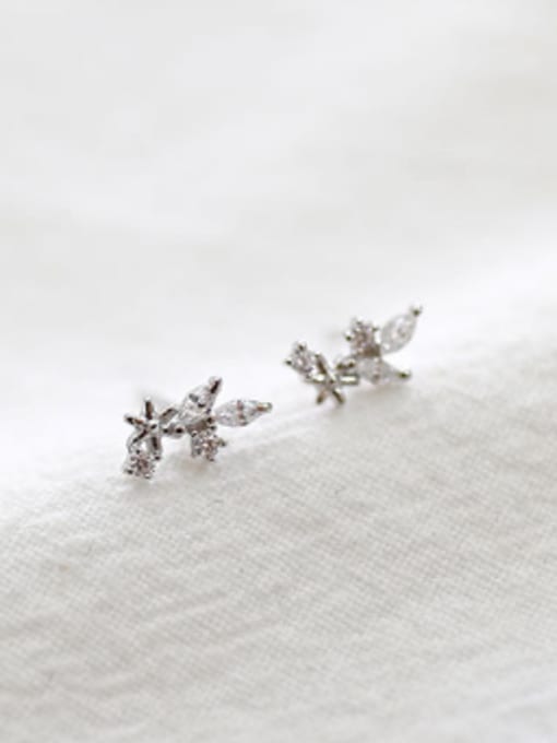 DAKA Simple Tiny Leaves White Zirconias Silver Stud Earrings 2