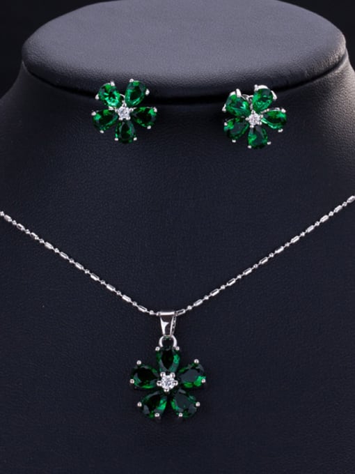 Green Classic flower Zircon Earrings Necklace set (multi color optional)