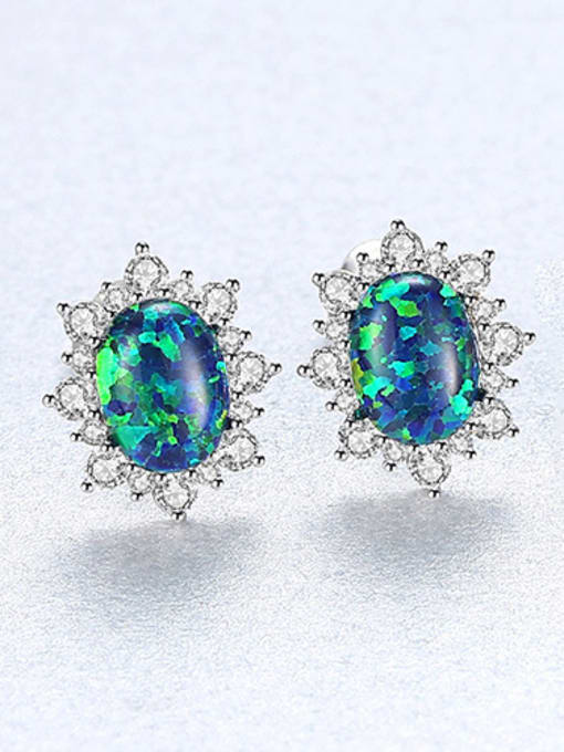 Green 925 Sterling Silver With Opal Luxury Oval Stud Earrings