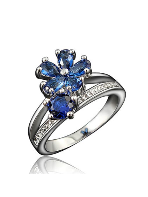 SANTIAGO Blue Platinum Plated Flower Shaped Zircon Ring