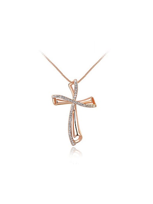 Rose Gold Women Trendy Cross Shaped Austria Crystal Necklace