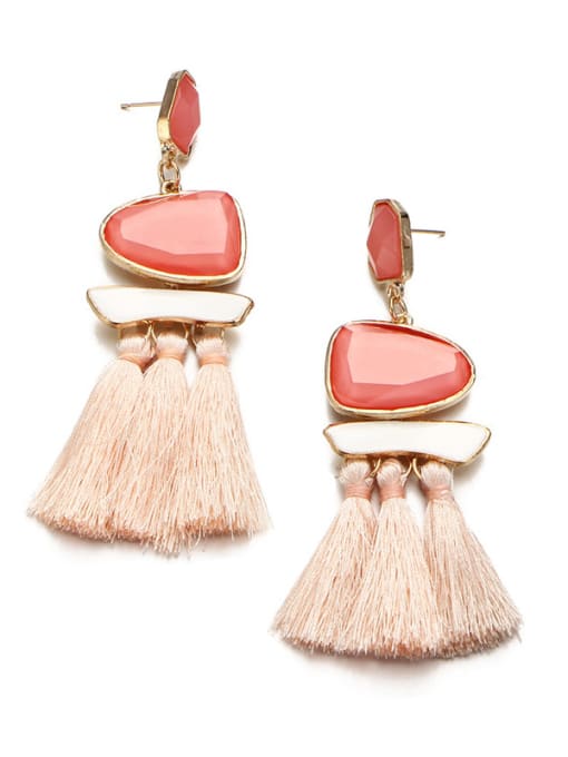 Pink Elegant Geometric Glass Stone Tassel Drop Earrings