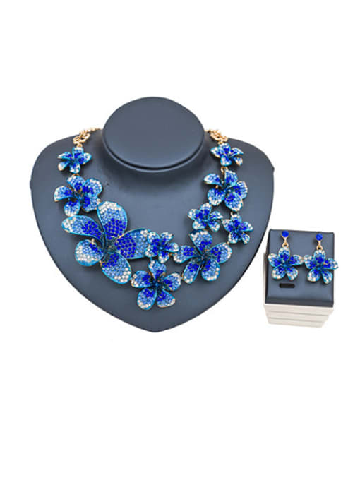 Blue Flower Glass Rhinestones Two Pieces Jewelry Set