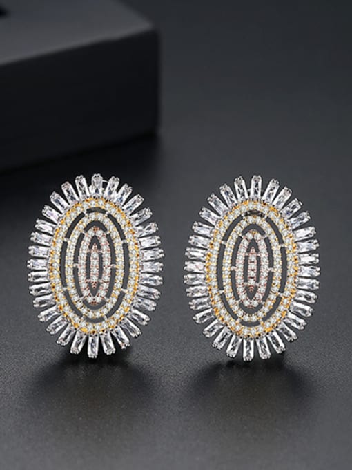Color-T02E23 Copper With Platinum Plated Luxury Oval Cubic Zirconia Cluster Earrings